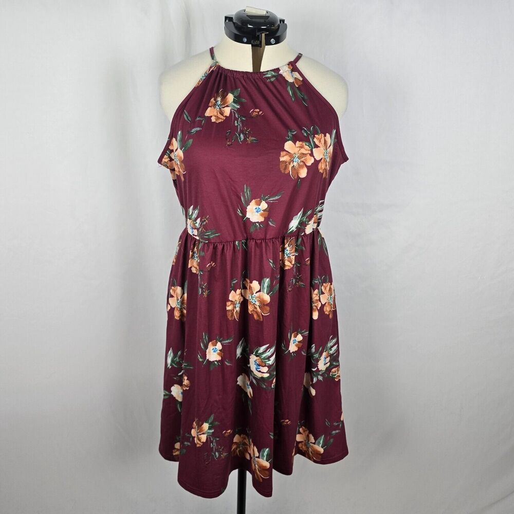 Slig Dress Midi Halter Women's XXL Burgundy Colorful Floral Print Sleeveless
